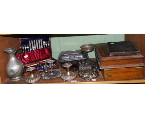 Various canteens including a burr walnut example, flatware and silver plate (one shelf)