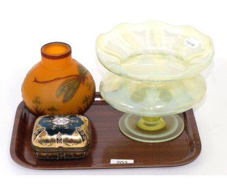 Vaseline glass bowl; cameo lamp shade; and a Bohemian glass casket 