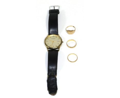 Two 18 carat gold band rings, 9 carat gold ring and a Sekonda wriswatch 18ct band rings - Finger sizes Q, Q, 5.54g gross. 9ct