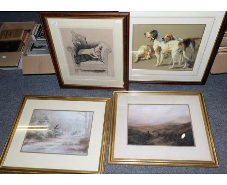 After Cecil Aldin, Weight Will Tell, print; a print of fox hounds, 20th century, signed; and a pair of pastels of birds in la