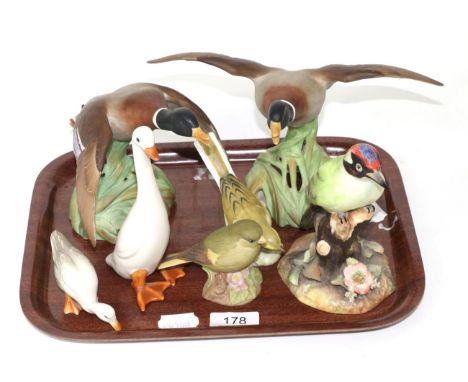 Two Spode models of mallards in flight, a Royal Crown Derby green woodpecker signed P K Innerley and four other bird models