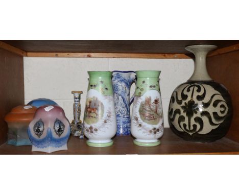 A pair of painted Victorian vases, faience jug, a pair of faience candlesticks, three painted glass lamp shades and a studio 