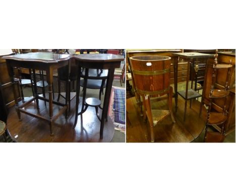 A group of furniture comprising an Edwardian occasional table, a coopered oak jardiniere on stand, two oak occasional tables,