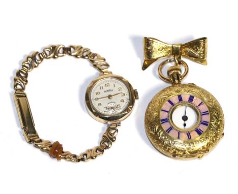 A Continental yellow metal half hunter fob watch, stamped 18k, Roman enamel dial, an 18 carat ribbon brooch; with a 9 carat R
