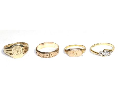 Three 9 carat gold rings and an 18 carat gold ring (a.f.) Three 9ct rings - Finger sizes R, J, M, 8.14g gross. 18ct ring - Fi