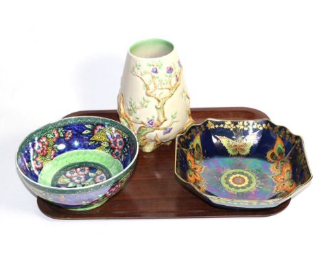 A Crown Devon lustre dish; a Maling lustre dish and a Clarice Cliff relief modelled vase (3) 