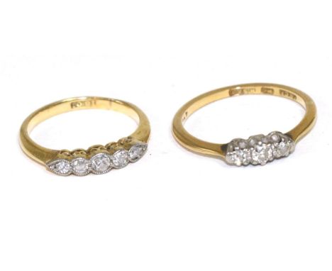 A diamond half hoop ring and a diamond three stone ring (2)Half hoop ring - Finger size J, 2.69g gross. Three stone ring - fi