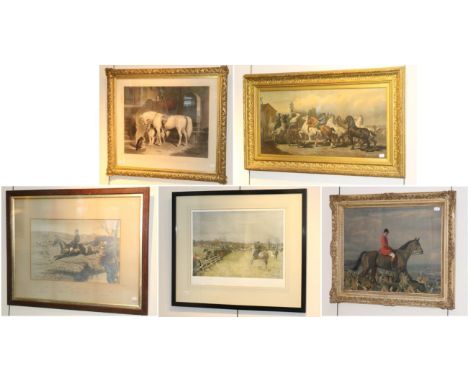 A black and white engraving after Sir Edward Landseer RA ''Favourites'', lithograph picture, hunting scene inscribed ''Basil 