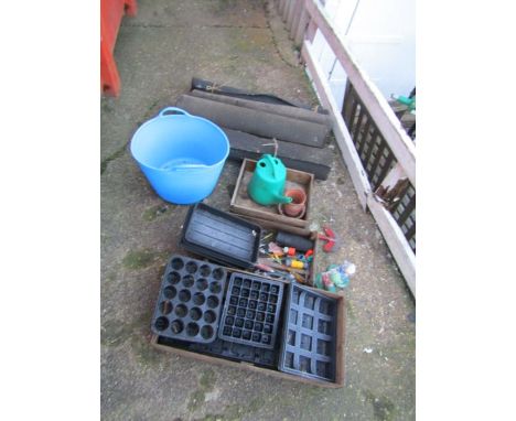 Gardening items including plant pots and trays, roofing felt and tools etc 