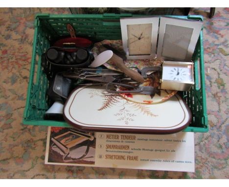 Lot of sundries including canvas stretcher, camera, binoculars, and tools etc