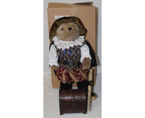 A Lakeland Bears teddy bear, titled "Drake", dressed in a traditional 16th century style outfit, and possessing map and woode