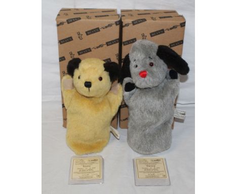 Two Dean's Rag Book Company "50 years of Sooty" limited edition hand puppets, comprising "Sooty" and "Sweep", measuring 25cm 