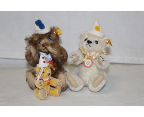 A group of three Steiff clown teddy bears, comprising a Historic Miniatures teddy clown in white, a Steiff Original 1928 repl