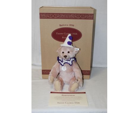 A Steiff replica teddy bear, "Teddy Clown 1926", limited edition  1275 of 5000, having a rose mohair covered body, wearing a 