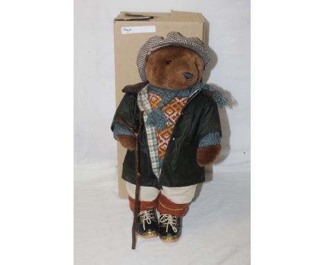 A Lakeland Bears teddy bear, titled "Major", having a brown mohair covered body, tweed flat cap, and Barbour style waxed jack