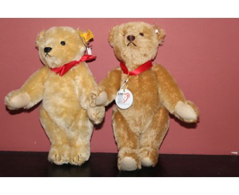 Two Steiff jointed teddy bears, comprising a 2002 jubilee bear wearing a '100 Years Steiff' porcelain medallion, and a simila