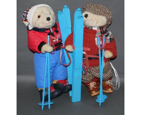 Two Lakeland Bears teddy bears, comprising a skiing bear, wearing tweed clothing, woollen jumper, carrying a set of ski's and