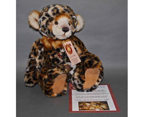 A soft plush limited edition "Surabhi", Charlie Bear, No. 1787, having leopard print fur covered body, embroidered facial fea