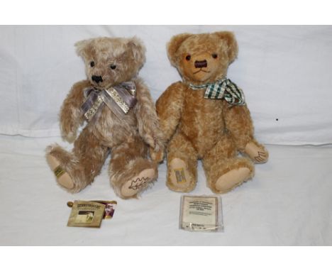 Two Merrythought growler teddy bears, comprising a limited edition Alpha Farnell replica teddy bear, having green tartan scar