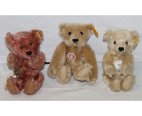 A group of three Steiff miniature teddy bears, including two Historic Miniatures bears, numbers 029585, 029608, and 029097, t