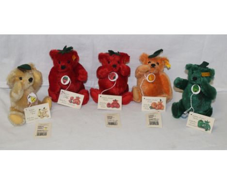 A group of five Steiff "Fruities" teddy bears, all modelled as fruit, and comprising a Pear, Strawberry, Tomato, Orange, and 