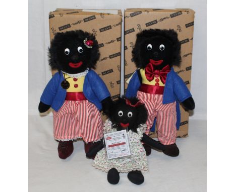 A group of Dean's Golly soft toys, comprising "Classic Mrs Golly", No. 9, "Classic Golly", No. 8, and a "Molly Golly" doll, l