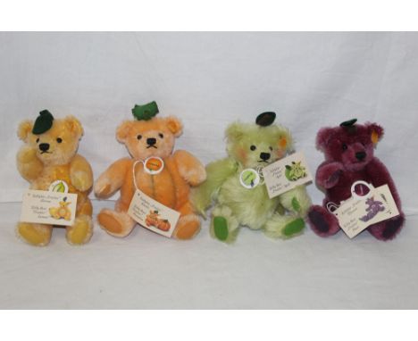 A group of four Steiff "Fruities" teddy bears, all modelled as fruit and comprising a lemon, pumpkin, apple, and plum, the ta