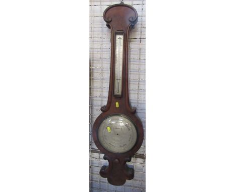 A 19th century walnut banjo barometer, having mercury filled thermometer, the silvered dial engraved G Wadham, Bath, height 3