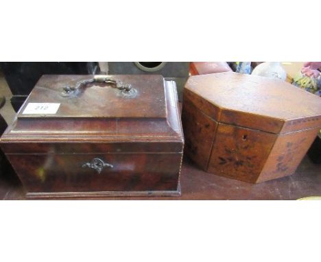 A Georgian mahogany tea caddy, together with a satinwood tea caddy with floral decoration