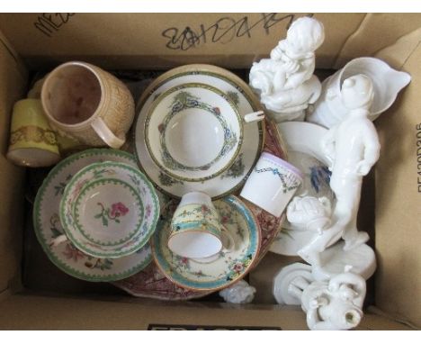A quantity of decorative items, to include Royal Worcester figures, teaware, carved elephant, Italian style birds, glassware,