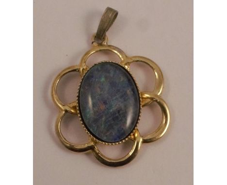 An 18 carat gold plated opal triplet pendant, the oval triplet 10mm x 14mm, set into a six loop pendant setting, 2.3gms
