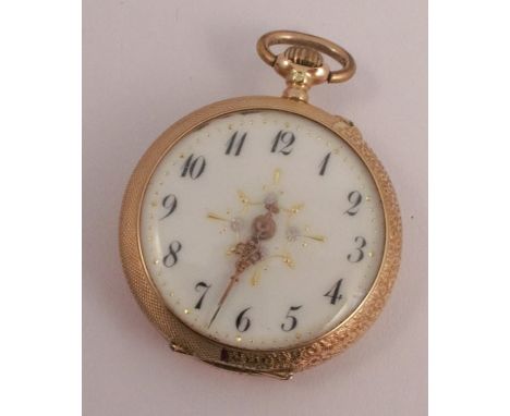 A fob watch, circa 1900, stamped '14c', traces of enamel to the case, metal cuvette, 2.9cm diameter, 18.8g gross including th
