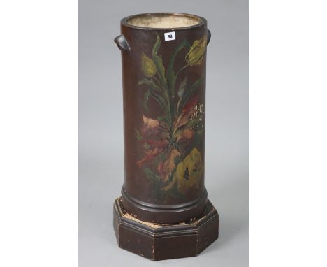 A painted composition cylindrical stick stand on a wooden octagonal plinth, 30” high, inscribed "April 1902".