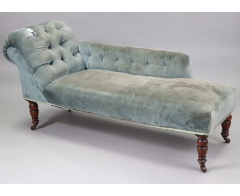 A late 19th/early 20th century chaise longue, with buttoned back &amp; scroll end with sprung seat upholstered pale blue velo