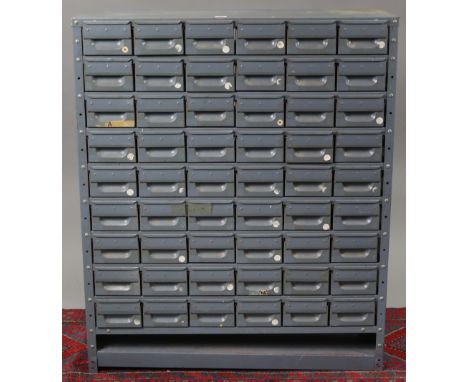 A LIGHT GREY ART-METAL STANDING OFFICE CABINET fitted six ranks of nine drawers, 35¼” wide x 42” high x 11¾” deep. 