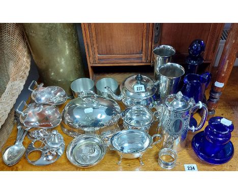 A silver plated matched three-piece tea service; &amp; various other items of platedware &amp; coloured glassware.