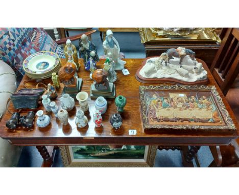 A Lladro Nao female figure; twelve miniature Chinese vases; various other decorative ornaments; &amp; a modern oil painting.