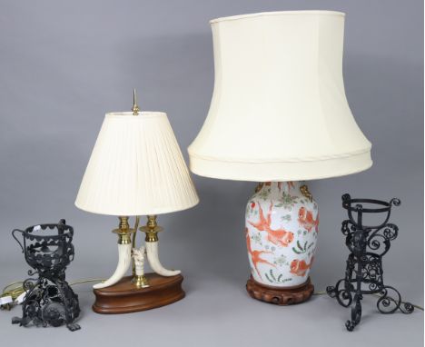 An oriental-style ceramic ovoid table lamp of white ground &amp; with goldfish decoration, 31½” high; together with another t