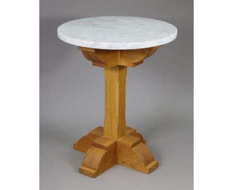 A light oak occasional table with square centre column &amp; block feet, &amp; with a white marble circular top, 23½” diam. x