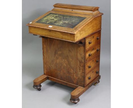 A Victorian inlaid-walnut davenport, inset gilt tooled leather to the hinged sloping front, fitted four long drawers to the r