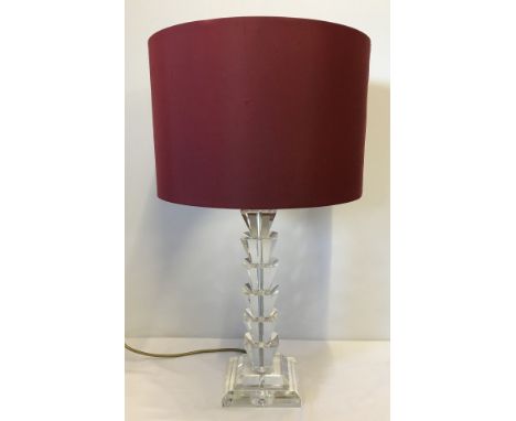 An modern Art Deco style clear crystal lamp base. Complete with red circular lamp shade. Approx. total height 63cm.