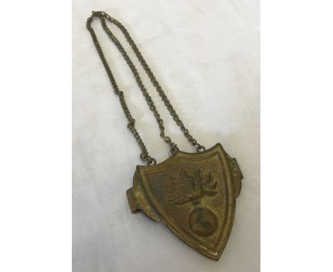 19th century pattern brass cross belt  shield shaped badge with grenade pattern and chain.  