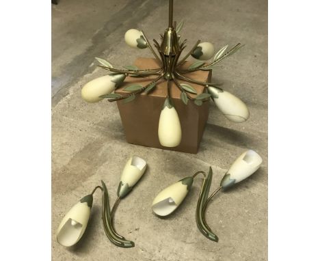 A vintage green and gold flower and leaf design 5 branch ceiling light with 2 matching wall lights.  