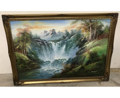 A large oil on canvas waterfall scene signed to lower right, R. Danford. Gilt framed. Approx. 60 x 90cm.