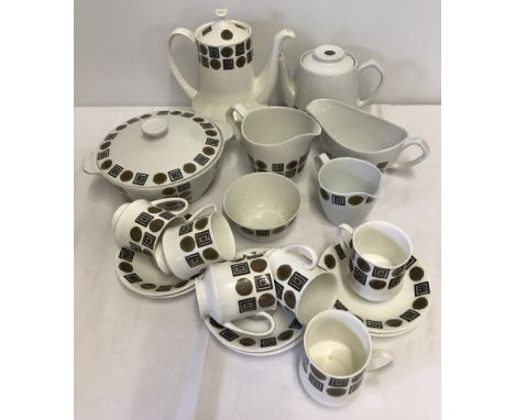 A quantity of retro ceramic Alfred Meakin "Sheriden" tea ware in brown, cream and black colourway. Comprising; Teapot, coffee