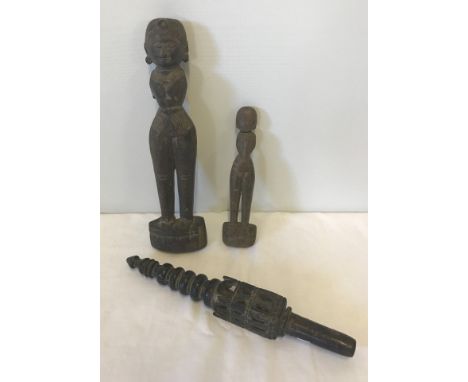 3 x 19th century Indian wooden carvings. Comprising a hardwood finial of architectural form, and 2 figures, possibly temple f