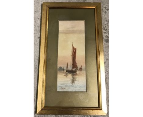 A watercolour of a Wherry signed by M. Farquhar and dated 1914. Framed and glazed. Approx. 35 x 13cm.