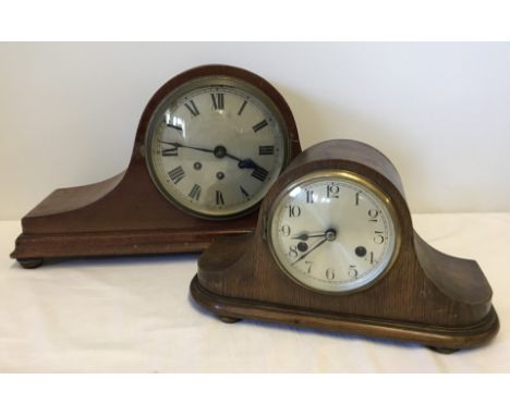 2 vintage wooden cased mantel clocks in need of repair. A Westminster chime Napoleon Hat clock with key, together with a smal