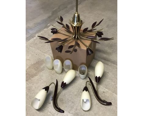 A vintage maroon & gold flower & leaf design 5 branch ceiling light with 2 matching wall lights. Two shades to ceiling light 