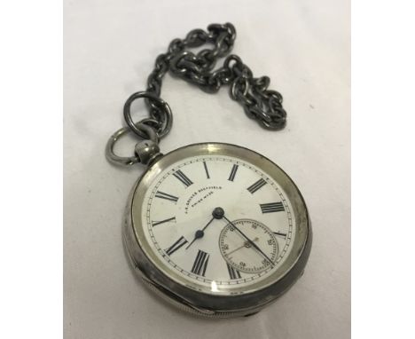 J.G.Graves, Sheffield silver cased pocket watch on a chain. Cased hallmarked inside. Watch face approx. 4.5cm.